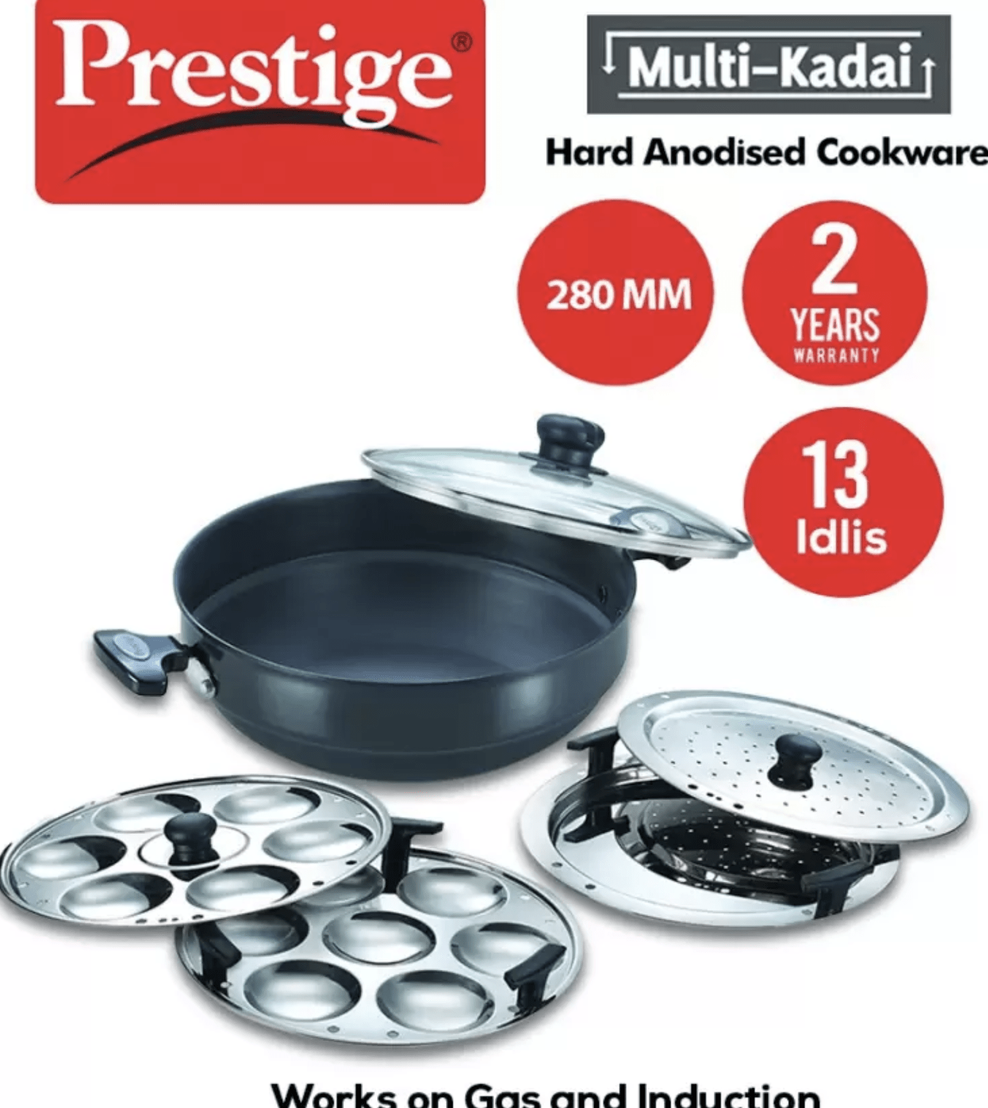 Prestige multi Kadhai 28 cm diameter with Lid 4.5 L capacity  (Hard Anodised, Induction Bottom)
