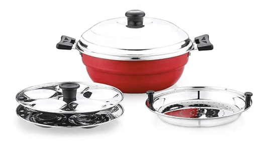 Sowbaghya Non Stick Induction Base Multi Kadai (2 Idli Plates + 1 Steamer Plate) (Dia: 250mm) (Thickness: 3mm) (3Ltr) | All-in-One Idli Cooker Multi Kadhai Steamer | Idli Maker with Steamer