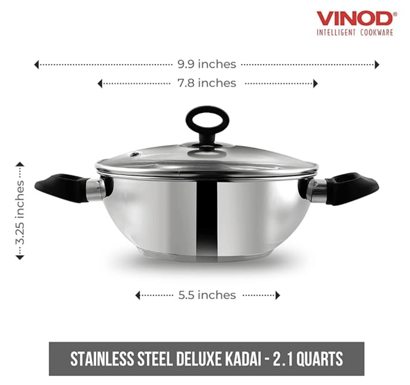 Vinod Stainless Steel Deluxe Kadhai with Glass Lid - 1.5 litre, 20cm | Extra Thick, SAS Bottom | Soft Handle | Kadai for Cooking | Induction Base | 2 Year Warranty - Silver-2