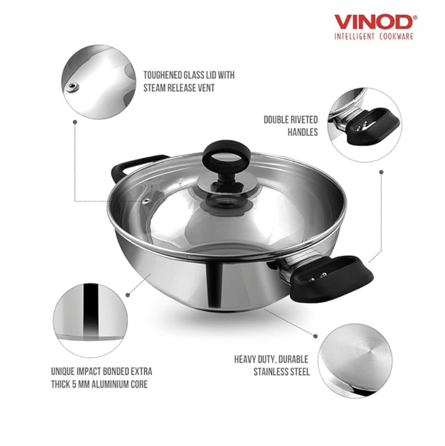 Vinod Stainless Steel Deluxe Kadhai with Glass Lid - 1.5 litre, 20cm | Extra Thick, SAS Bottom | Soft Handle | Kadai for Cooking | Induction Base | 2 Year Warranty - Silver