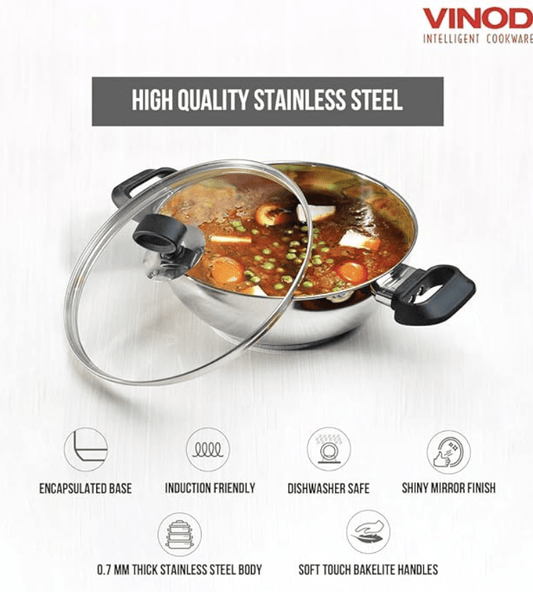 Vinod Stainless Steel Deluxe Kadhai with Glass Lid - 3.8 litre, 26cm | Extra Thick, SAS Bottom | Soft Handle | Kadai for Cooking | Induction Base | 2 Year Warranty - Silver