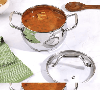 Vinod Almaty Stainless Steel Saucepot with Glass Lid 1.3 litre, 14 cm | 2.6mm Thick Base | Triply Casserole, Sturdy Riveted Handle | 2 Year Warranty | Induction & Gas Base