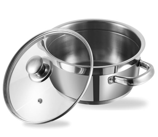 Vinod Two Tone Stainless Steel Saucepot with Glass Lid 1.5 litre, 16cm (6.2mm Thick Base) | Triply Saucepot, Sturdy Riveted Handle | 2 Year Warranty | Induction Bottom - Silver