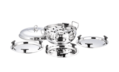 Vinod Stainless Steel Multi Kadai with 5 Plates - 26cm | 2 Idli, 2 Dhokla/Momos and 1 Patra Plates | Dhokla and Momos Steamer/Maker | Scratch Proof | 2 Year Warranty