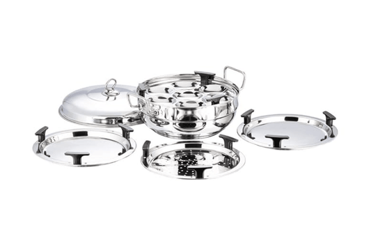 Vinod Stainless Steel Multi Kadai with 5 Plates - 26cm | 2 Idli, 2 Dhokla/Momos and 1 Patra Plates | Dhokla and Momos Steamer/Maker | Scratch Proof | 2 Year Warranty