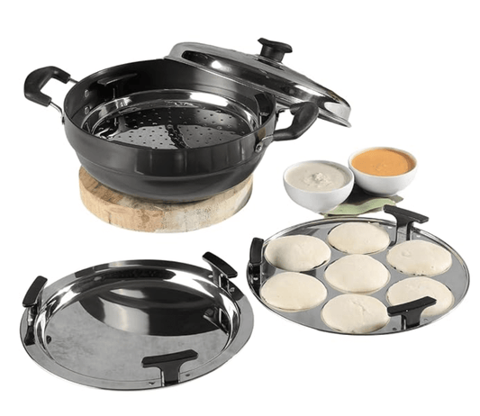 Vinod Black Pearl Hard Anodised Multi Kadai - 5 Plates, 26cm |2 Idli, 2 Dhokla/Momos and 1 Patra Plates | Dhokla and Momos Steamer/Maker | Scratch Proof | 2 Year Warranty