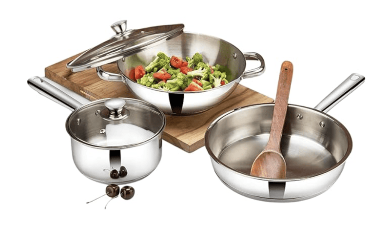 Vinod Modena Stainless Steel Cookware Set of 3 | 2.7 litre Kadhai and 1.5 litre Saucepan with Glass Lid, 24 cm Frypan | Mirror Finish | Induction Base | 2 Year Warranty-1