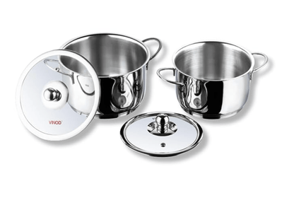 Vinod Tuscany Stainless Steel Cookware Combo Set of 2 with Glass Lid | Saucepot 2,2.8 Ltr & Saucepan 1.3 ltr | 5mm Thick, Extra Deep | Induction Base | 2 Year Warranty