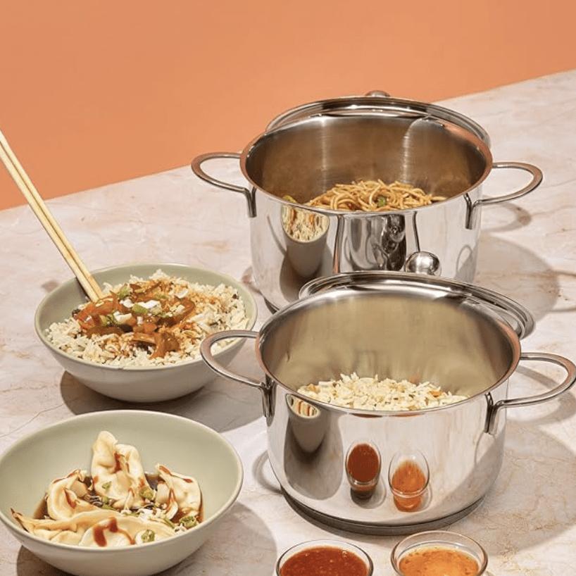 Vinod Tuscany Stainless Steel Cookware Combo Set of 2 with Glass Lid | Saucepot 2,2.8 Ltr & Saucepan 1.3 ltr | 5mm Thick, Extra Deep | Induction Base | 2 Year Warranty