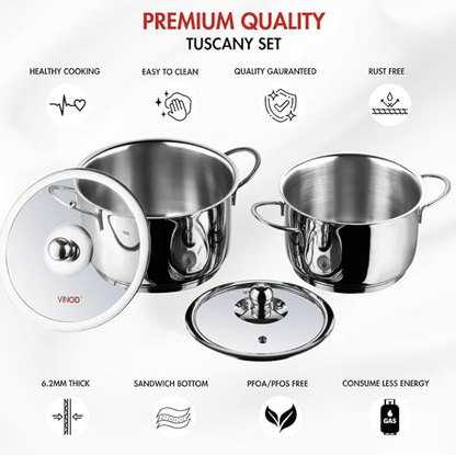 Vinod Tuscany Stainless Steel Cookware Combo Set of 2 with Glass Lid | Saucepot 2,2.8 Ltr & Saucepan 1.3 ltr | 5mm Thick, Extra Deep | Induction Base | 2 Year Warranty