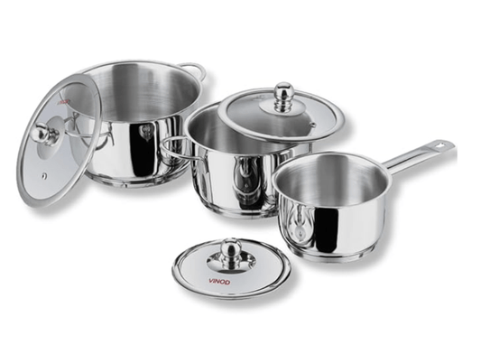 Vinod Tuscany Stainless Steel Cookware Combo Set of 3 with Glass Lid | Saucepot 2,2.8 Ltr & Saucepan 1.3 ltr | 5mm Thick, Extra Deep | Induction Base | 2 Year Warranty
