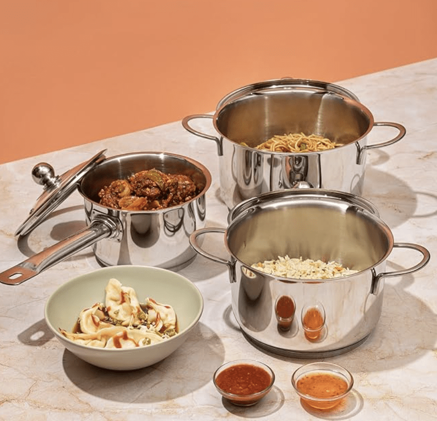 Vinod Tuscany Stainless Steel Cookware Combo Set of 3 with Glass Lid | Saucepot 2,2.8 Ltr & Saucepan 1.3 ltr | 5mm Thick, Extra Deep | Induction Base | 2 Year Warranty