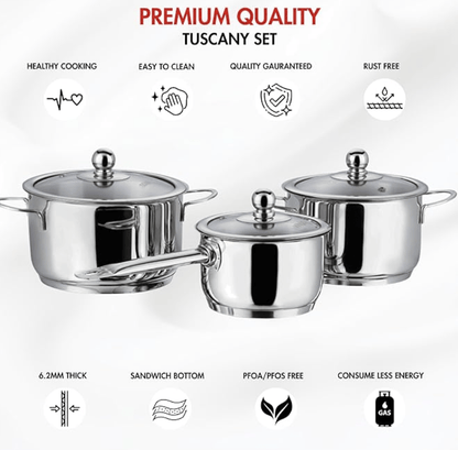 Vinod Tuscany Stainless Steel Cookware Combo Set of 3 with Glass Lid | Saucepot 2,2.8 Ltr & Saucepan 1.3 ltr | 5mm Thick, Extra Deep | Induction Base | 2 Year Warranty