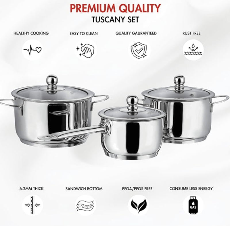 Vinod Tuscany Stainless Steel Cookware Combo Set of 3 with Glass Lid | Saucepot 2,2.8 Ltr & Saucepan 1.3 ltr | 5mm Thick, Extra Deep | Induction Base | 2 Year Warranty-3
