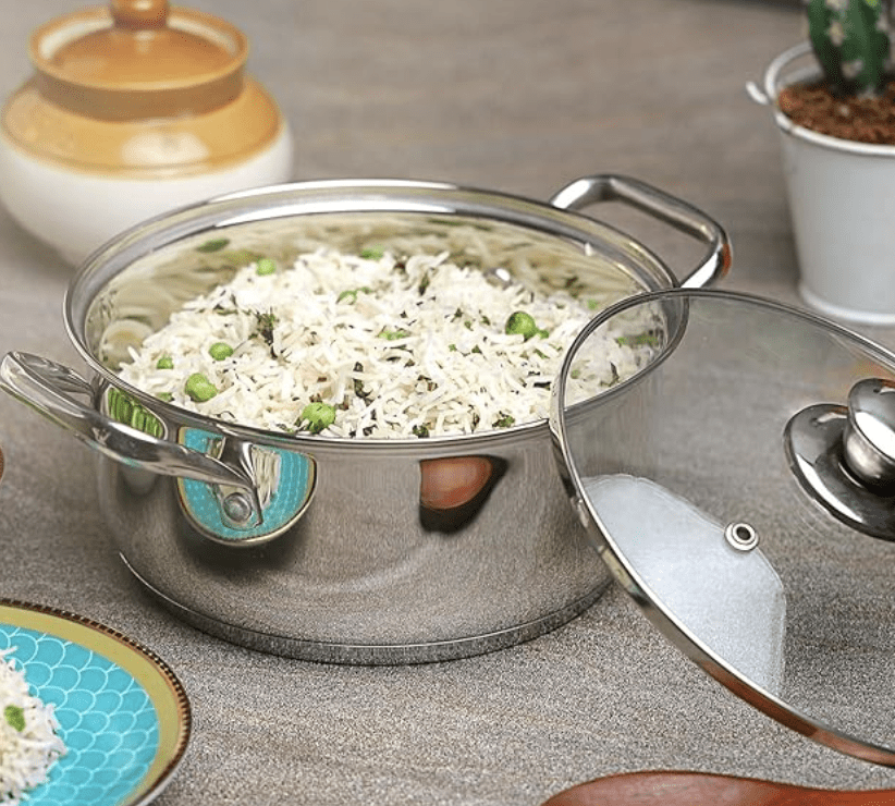 Vinod Roma Stainless Steel Saucepot with Glass Lid - 5 litre, 24 cm | Sandwich Bottom | Rivetted Handle| Mirror Finish| Induction & Gas Base | 2 Year Warranty