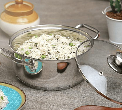 Vinod Roma Stainless Steel Saucepot with Glass Lid - 2.2 litre, 18 cm | Sandwich Bottom | Rivetted Handle| Mirror Finish| Induction & Gas Base | 2 Year Warranty
