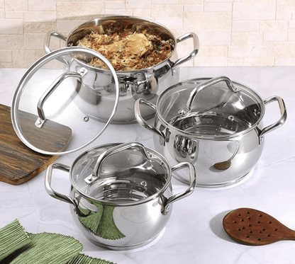 Vinod Stainless Steel 3 Piece Almaty Sauce Pot with Glass Lid -Diameter 14,16 & 18 cm, Capacity 1, 1.3 & 2.9 litre (Induction and Gas Stove Friendly), 2 Years Warranty, Silver