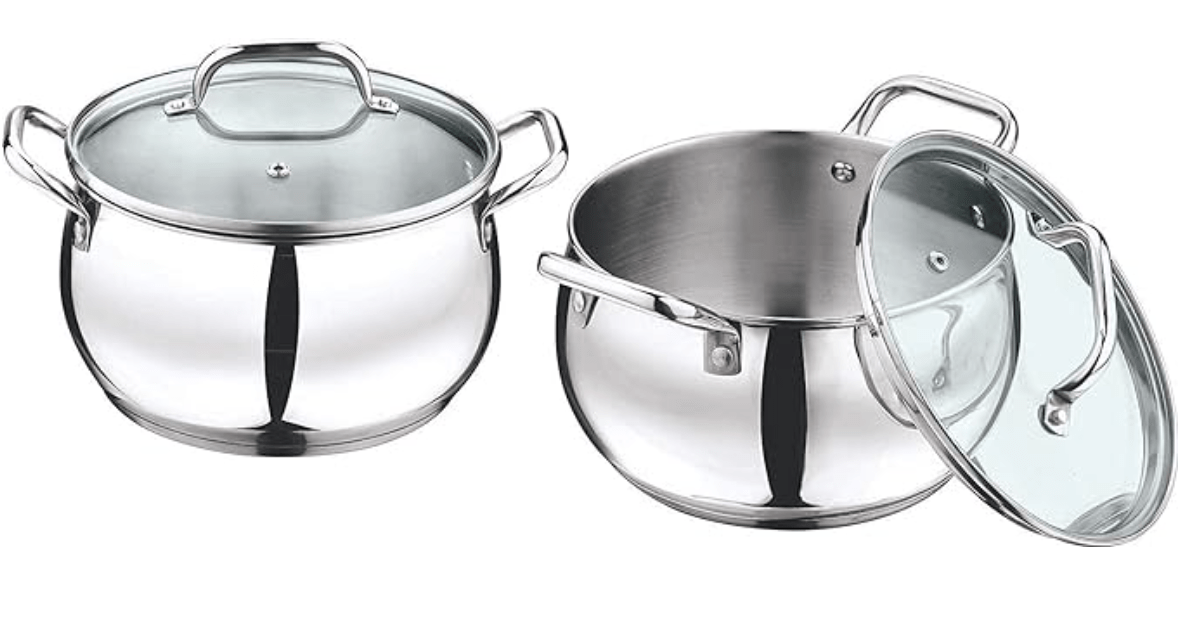 Vinod Almaty Stainless Steel Saucepot Set of 2 with Glass Lid | 1.3 and 2 Litre | 2.6mm Thick Base | Sturdy Riveted Handle | 2 Year Warranty | Induction & Gas Base - Silver