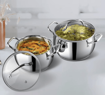 Vinod Almaty Stainless Steel Saucepot Set of 2 with Glass Lid | 1.3 and 2 Litre | 2.6mm Thick Base | Sturdy Riveted Handle | 2 Year Warranty | Induction & Gas Base - Silver