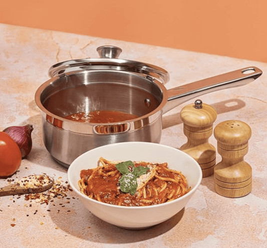 Vinod Two Tone Stainless Steel Saucepan with Glass Lid 2.3 litre, 18 cm (6.2mm Thick) | Triply Saucepot, Sturdy Riveted Handle | 2 Year Warranty | Induction Bottom - Silver