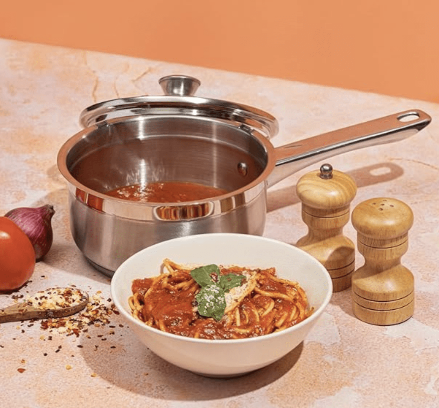 Vinod Two Tone Stainless Steel Saucepan with Glass Lid - 1.1 litre, 14 cm | 6.2mm Thick | Triply Saucepot, Sturdy Riveted Handle | 2 Year Warranty | Induction Bottom - Silver