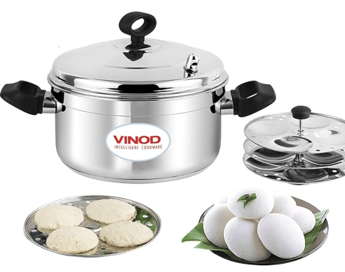 Vinod Classic Stainless Steel Idli Maker Cooker - 4 Deeper Plates (16 Idlis) / Idli Steamer / Idly Stand / Plump Fluffy Idlies / SAS Bottom / Induction & Gas Base - 2 Year Warranty