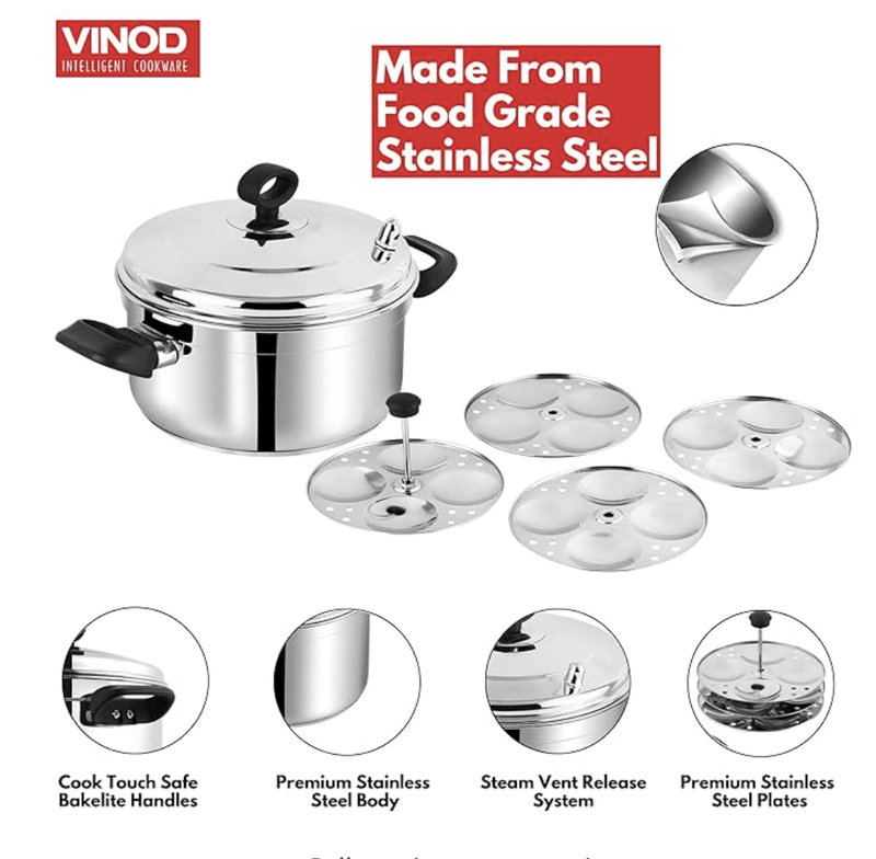 Vinod Classic Stainless Steel Idli Maker Cooker - 4 Deeper Plates (16 Idlis) / Idli Steamer / Idly Stand / Plump Fluffy Idlies / SAS Bottom / Induction & Gas Base - 2 Year Warranty-4