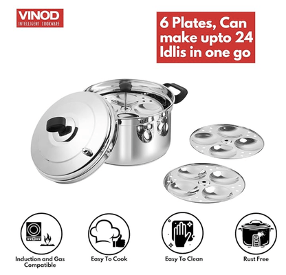 Vinod Classic Stainless Steel Idli Maker Cooker - 6 Deeper Plates (24 Idlis) / Idli Steamer / Idly Stand / Plump Fluffy Idlies / SAS Bottom / Induction & Gas Base - 2 Year Warranty