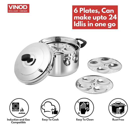 Vinod Classic Stainless Steel Idli Maker Cooker - 6 Deeper Plates (24 Idlis) / Idli Steamer / Idly Stand / Plump Fluffy Idlies / SAS Bottom / Induction & Gas Base - 2 Year Warranty