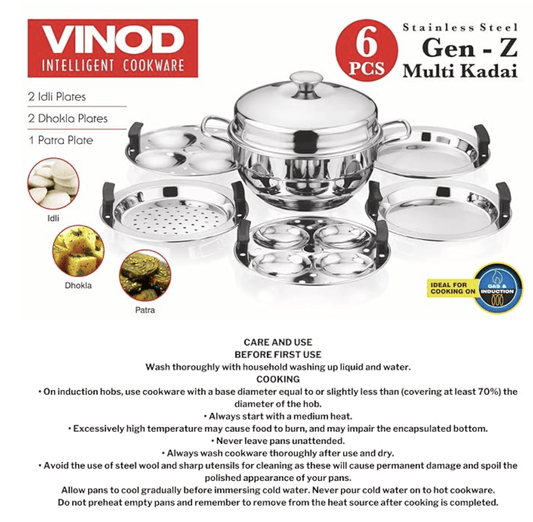 Vinod Gen-Z Stainless Steel Multi Kadai with 6 Plates - 19 cm| 2 Idli, 2 Dhokla and 1 Patra Plate | All in One Multi Purpose Kadhai | Induction and Gas Base | Small - 2 Year Warranty