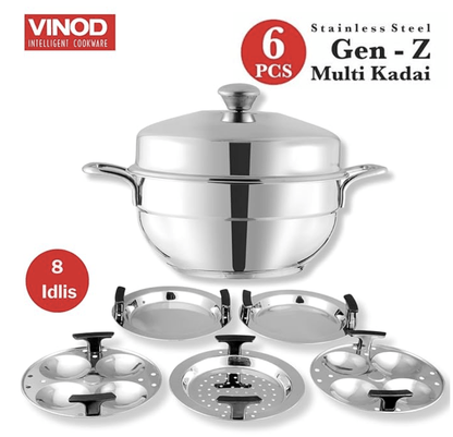 विनोद जेन-ज़ेड स्टेनलेस स्टील मल्टी कढ़ाई 6 प्लेटों के साथ - 19 सेमी | 2 इडली, 2 ढोकला और 1 पात्रा प्लेट | ऑल इन वन मल्टी पर्पस कढ़ाई | इंडक्शन और गैस बेस | छोटा - 2 साल की वारंटी 