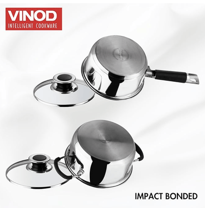 Vinod Stainless Steel Induction and Gas Stove Friendly Master Chef Cookware Set- 2 Pieces, Saucepan (16 cm/1.5 litre), Casserole (18 cm /2.1 litre) with Glass Lids