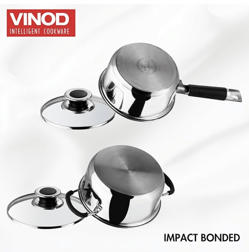 Vinod Stainless Steel Induction and Gas Stove Friendly Master Chef Cookware Set- 2 Pieces, Saucepan (16 cm/1.5 litre), Casserole (18 cm /2.1 litre) with Glass Lids-2