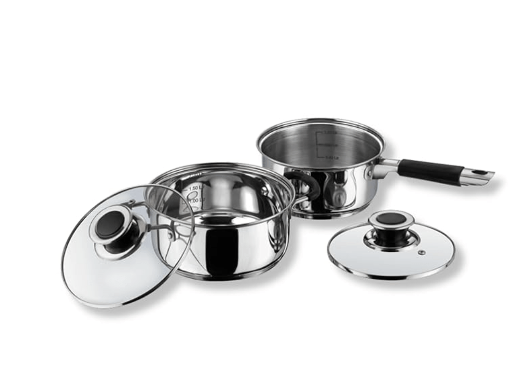 Vinod Stainless Steel Induction and Gas Stove Friendly Master Chef Cookware Set- 2 Pieces, Saucepan (16 cm/1.5 litre), Casserole (18 cm /2.1 litre) with Glass Lids