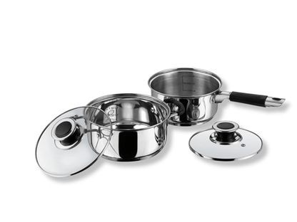 Vinod Stainless Steel Induction and Gas Stove Friendly Master Chef Cookware Set- 2 Pieces, Saucepan (16 cm/1.5 litre), Casserole (18 cm /2.1 litre) with Glass Lids
