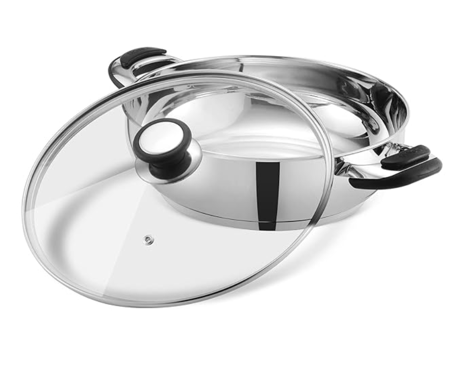 Vinod Durban Stainless Steel Kadhai with Glass Lid 5.8 Litre (30 cm) | 6.2mm Thick | Kadhai for Deep Frying | Induction and Gas Base| 2 Year Warranty - Silver