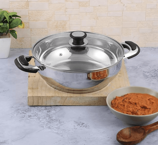 Vinod Durban Stainless Steel Kadhai with Glass Lid 5.8 Litre (30 cm) | 6.2mm Thick | Kadhai for Deep Frying | Induction and Gas Base| 2 Year Warranty - Silver