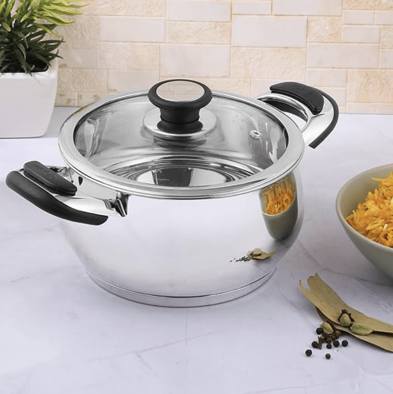 Vinod Durban Stainless Steel Saucepot Handi with Glass Lid - 2 Litre, 16 cm | Stylish Durable Handles | Induction Base Belly Shape Pot | 2 Year Warranty - Silver
