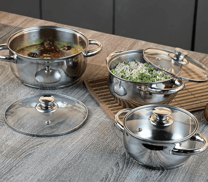 Vinod Milano Stainless Steel Saucepot Combo Set of 3 with Glass Lid | 1, 1.5 and 2 litre | Biryani Pot | SAS Bottom | Riveted Handle | Induction & Gas Base | 2 Year Warranty