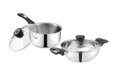 Vinod Veneto Stainless Steel Cookware Set of 2 | 1.7 Litre Kadai, 1.5 Litre Saucepan with Glass Lid | Stylish Ergonomic Hanldes | Induction Base | 2 Year Warranty - Silver