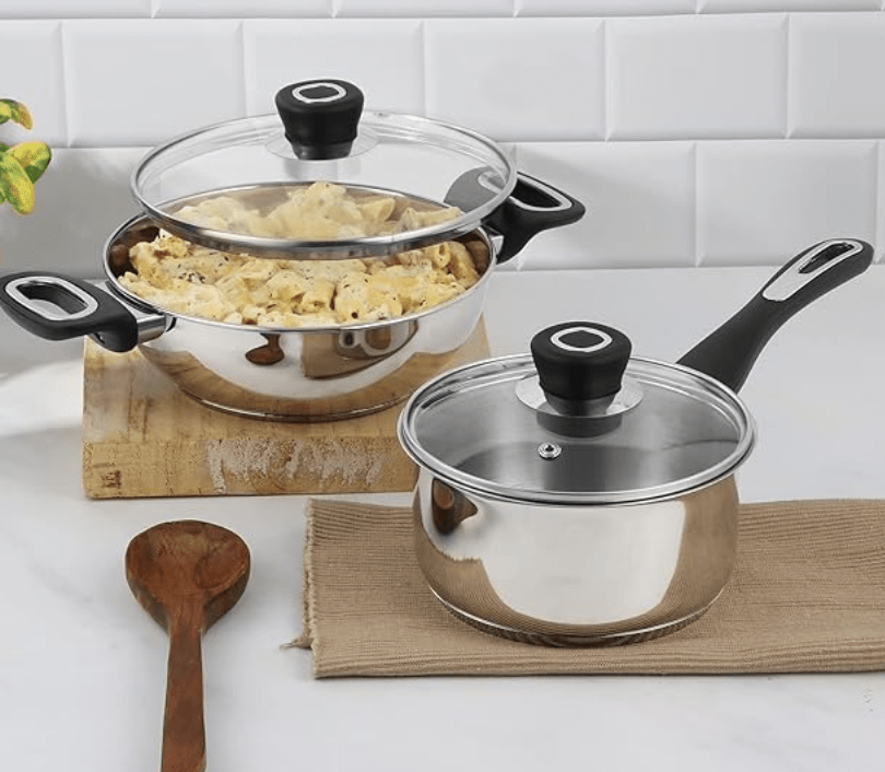 Vinod Veneto Stainless Steel Cookware Set of 2 | 1.7 Litre Kadai, 1.5 Litre Saucepan with Glass Lid | Stylish Ergonomic Hanldes | Induction Base | 2 Year Warranty - Silver