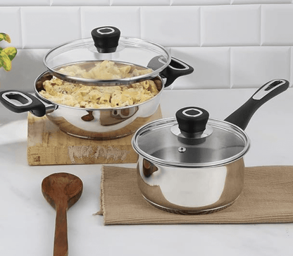 Vinod Veneto Stainless Steel Cookware Set of 2 | 1.7 Litre Kadai, 1.5 Litre Saucepan with Glass Lid | Stylish Ergonomic Hanldes | Induction Base | 2 Year Warranty - Silver