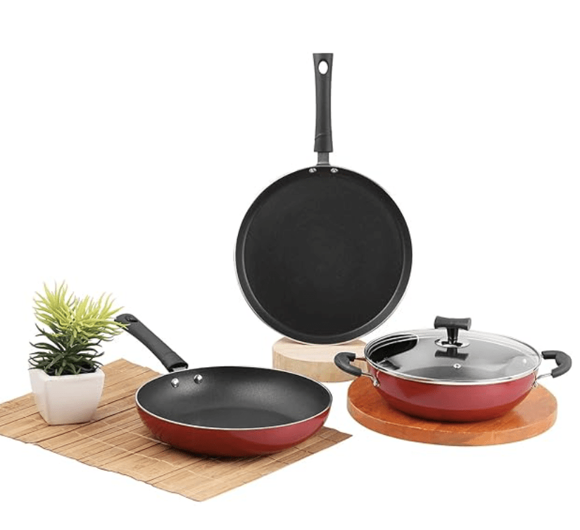 Vinod Popular Aluminium Non Stick Cookware Set of 3 | 2.5 litre Kadhai, 24 cm Frypan with Common Glass Lid and 25cm Dosa Tawa | 3mm Thick | Induction & Gas Base | 2 Year Warranty