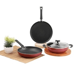 Vinod Popular Aluminium Non Stick Cookware Set of 3 | 2.5 litre Kadhai, 24 cm Frypan with Common Glass Lid and 25cm Dosa Tawa | 3mm Thick | Induction & Gas Base | 2 Year Warranty-1