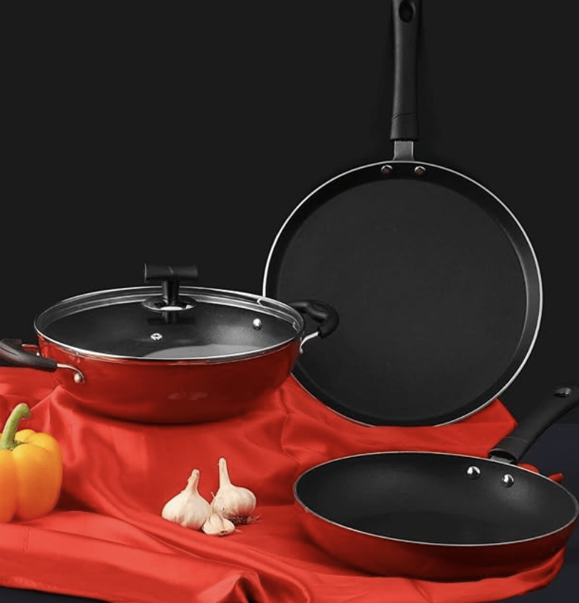 Vinod Popular Aluminium Non Stick Cookware Set of 3 | 2.5 litre Kadhai, 24 cm Frypan with Common Glass Lid and 25cm Dosa Tawa | 3mm Thick | Induction & Gas Base | 2 Year Warranty