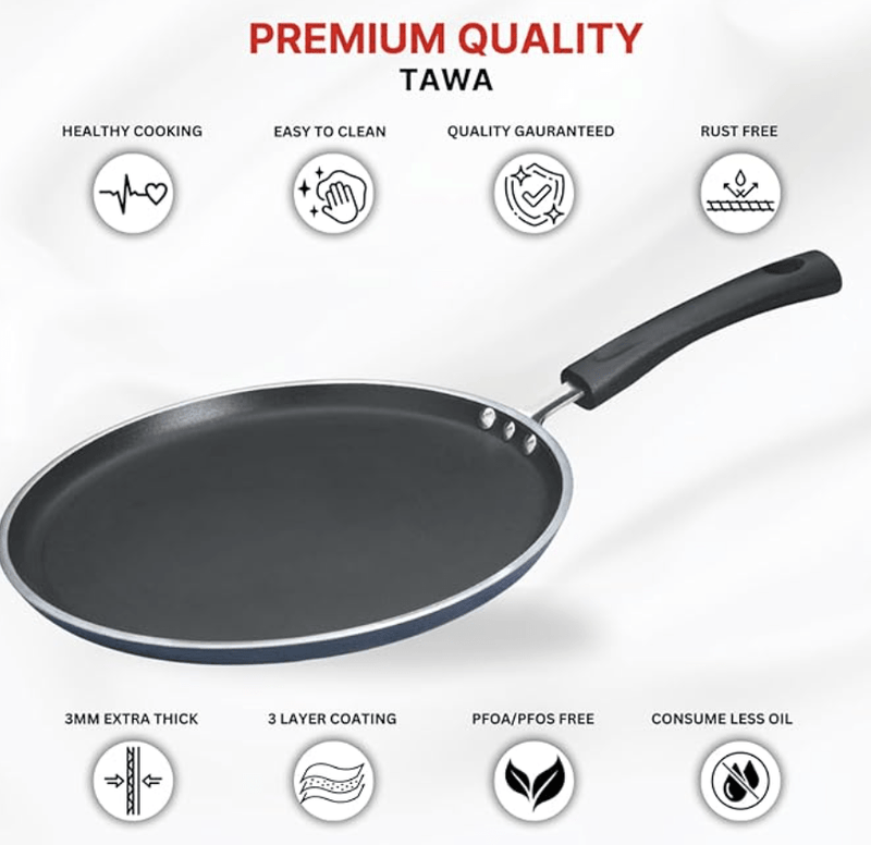 Vinod Zest Aluminium Non Stick Dosa Omni Tawa - 28cm | 3mm Extra Thick | 3 Layer Ceramic Coat | Bakelite Handle | Toxin Free | Gas Base - 1 Year Warranty-2
