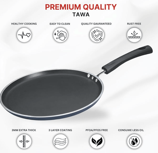 Vinod Zest Aluminium Non Stick Dosa Omni Tawa - 25cm | 3mm Extra Thick | 3 Layer Ceramic Coat | Bakelite Handle | Toxin Free | Gas Base - 1 Year Warranty