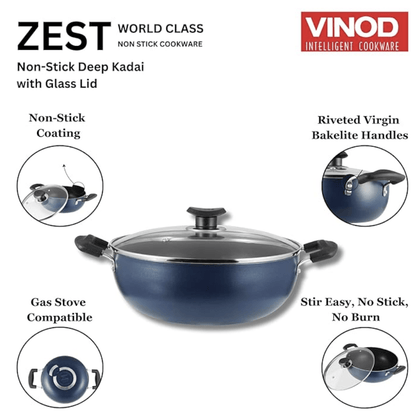 Vinod Zest Aluminium Non Stick Deep Kadhai with Glass Lid - 1.4 Litre, 18cm | 3 Layer Ceramic Coating | 3 mm Thick | Metal Spoon Friendly | Gas Base, Toxin Free - 1 Year Warranty