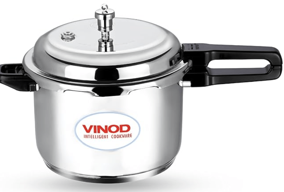 Vinod 18/8 Stainless Steel Pressure Cooker Outer Lid 10 Litre | Unique Sandwich Bottom Cooker | Induction and Gas Base | ISI and CE certified | 2 Years Warranty