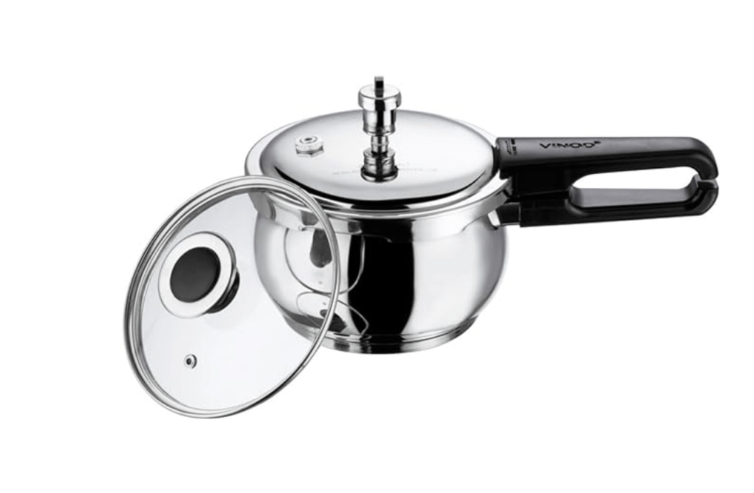 Vinod Splendid Plus Stainless Steel Pressure Cooker Outer Lid 5.5 Litre | SAS Bottom Handi Cooker | Extra Glass Lid | Induction and Gas Base | ISI and CE certified | 2 Years Warranty